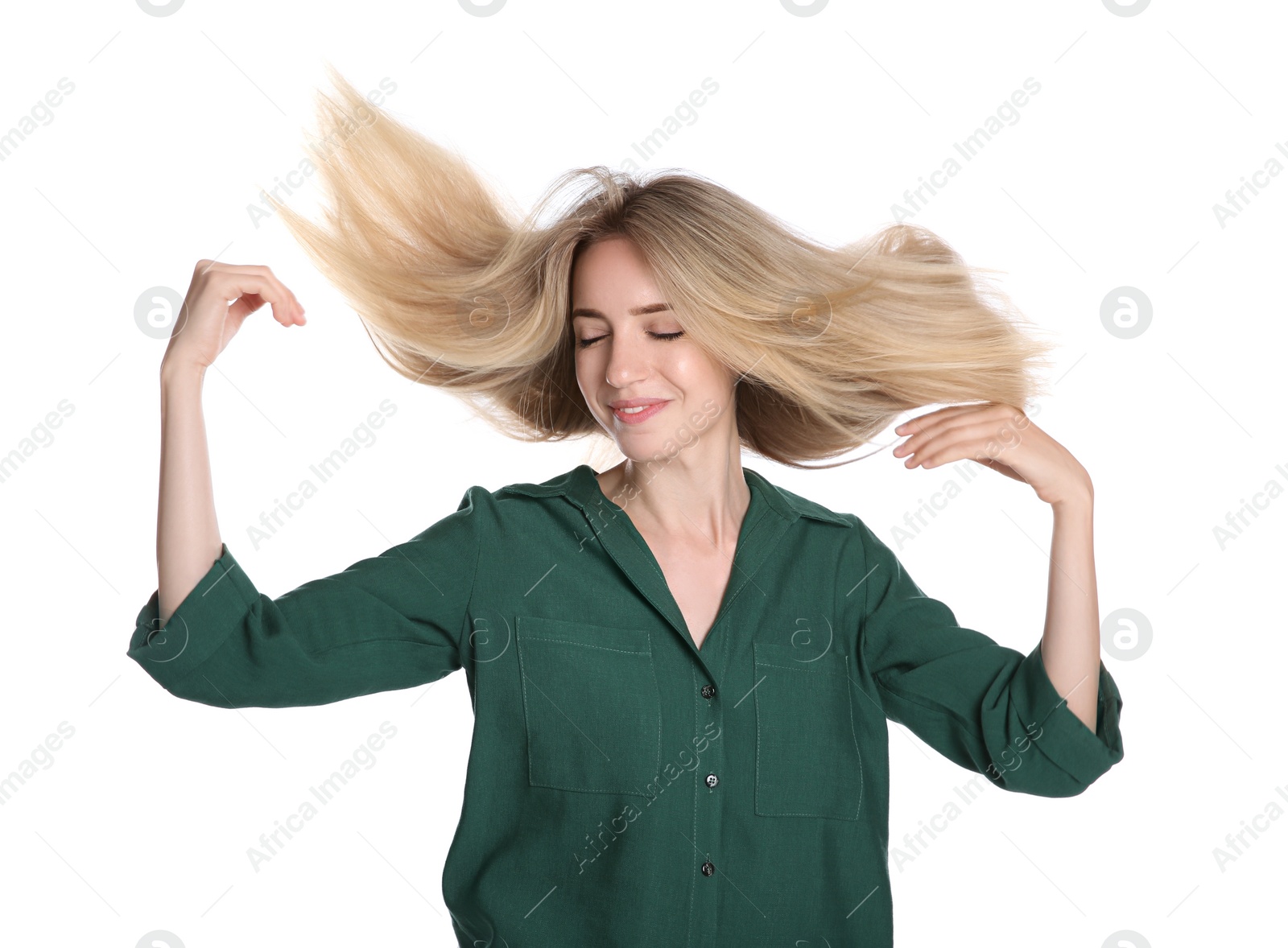 Photo of Portrait of beautiful young woman with blonde hair on white background