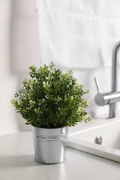 Photo of Artificial potted herb on white marble countertop near sink in kitchen. Home decor