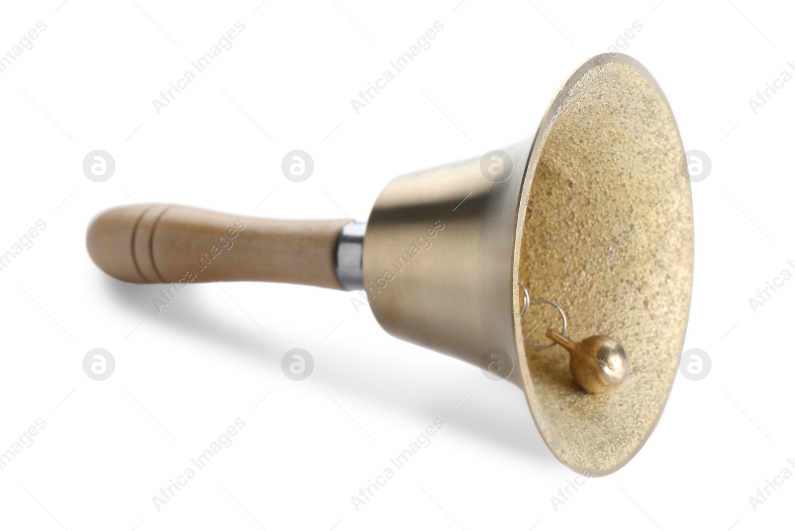 Photo of Golden school bell with wooden handle isolated on white