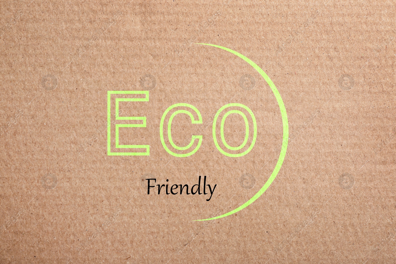 Image of Phrase Eco Friendly written on cardboard, top view