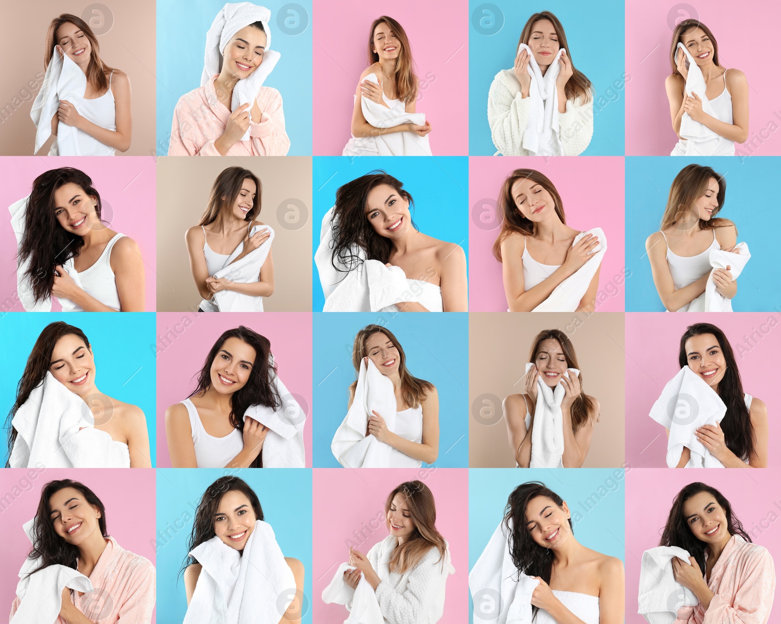 Image of Collage of women with towels on different color backgrounds