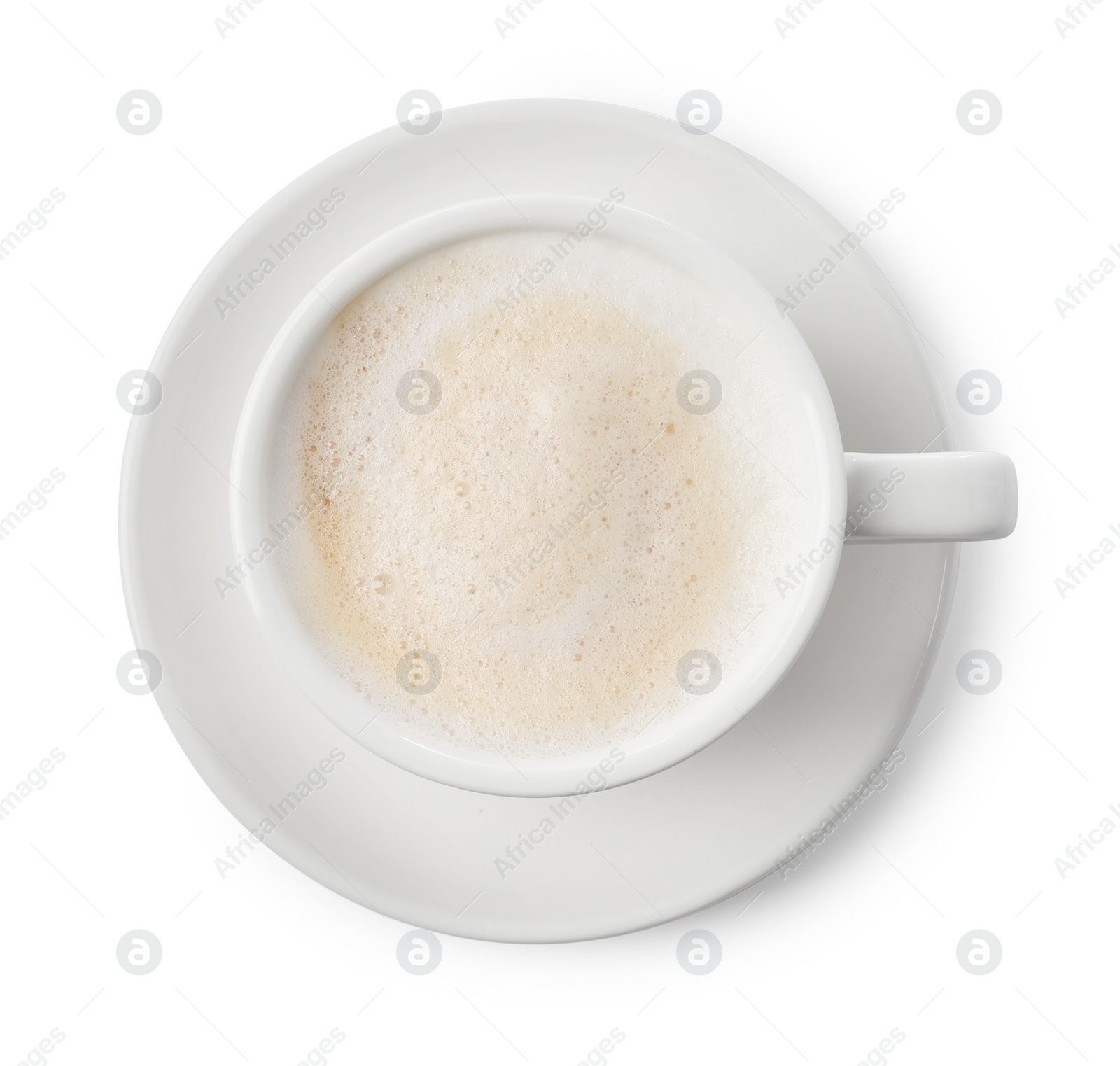 Photo of Cup of aromatic coffee isolated on white, top view