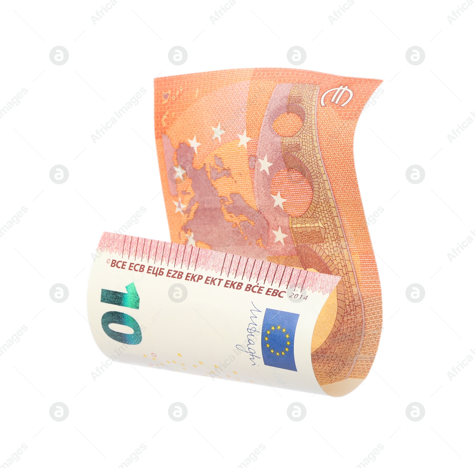 Photo of Flying ten Euro banknote isolated on white