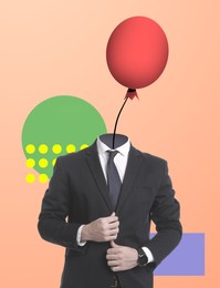 Image of Creative artwork. Man with balloon instead of head on pale coral background