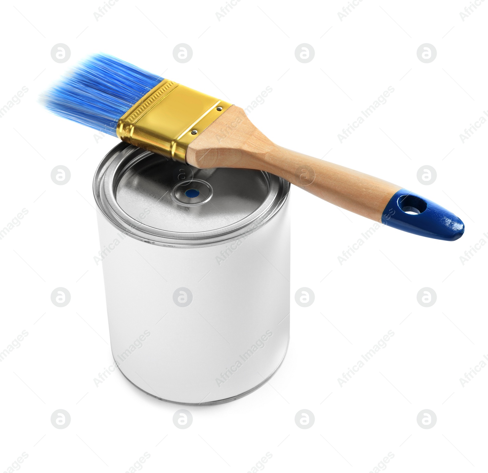 Photo of Closed blank can of paint with brush isolated on white