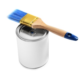 Closed blank can of paint with brush isolated on white