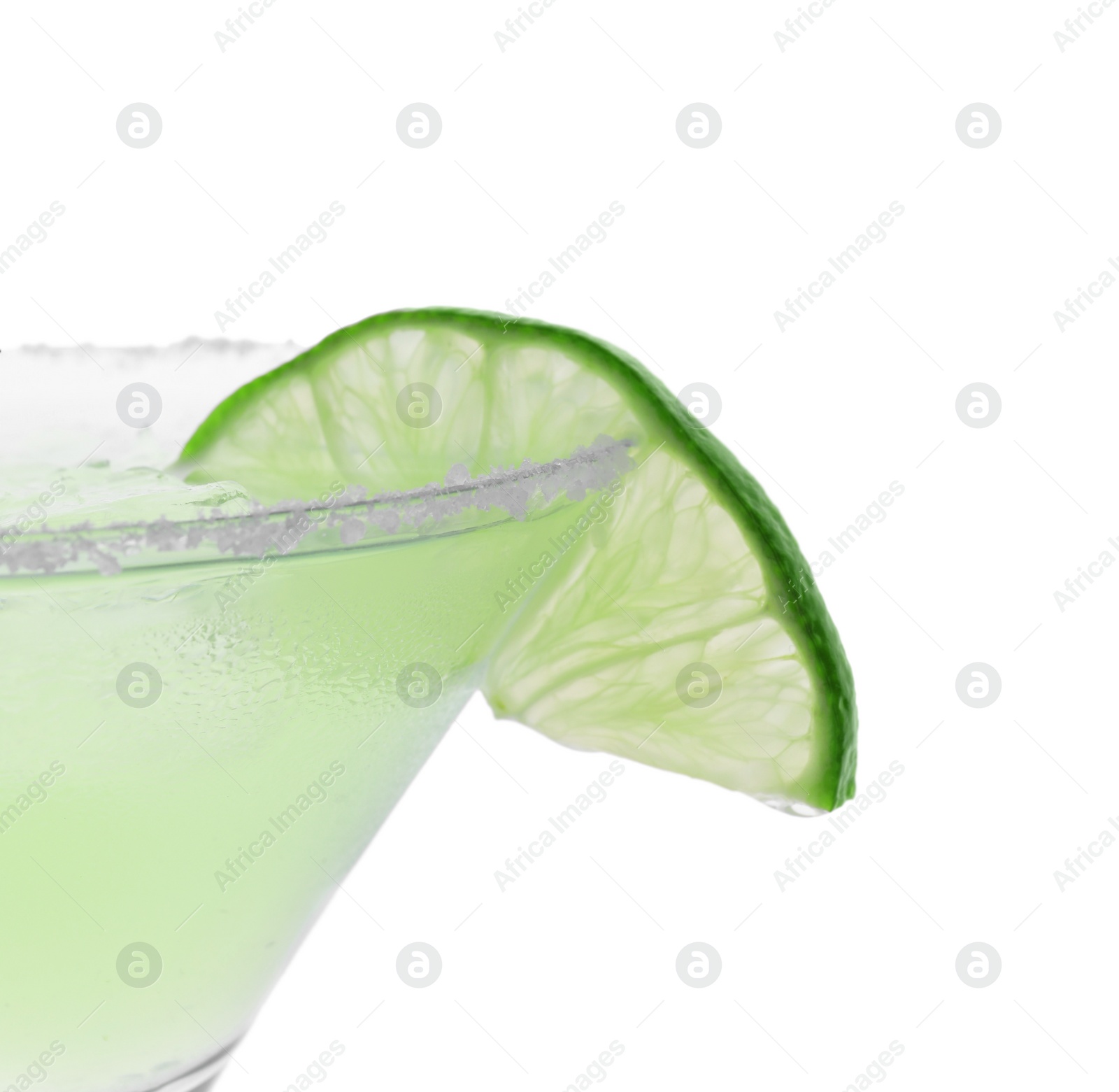 Photo of Delicious Margarita cocktail in glass, salt and lime isolated on white