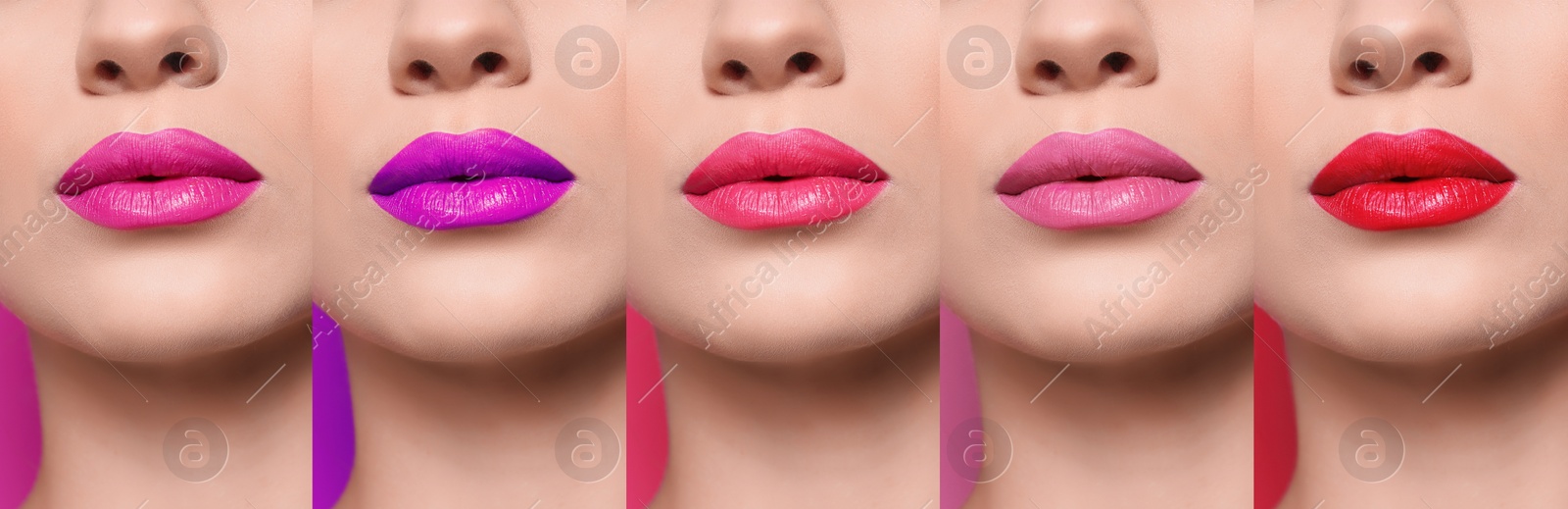 Image of Collage with photos of young woman with different lipsticks, closeup. Banner design