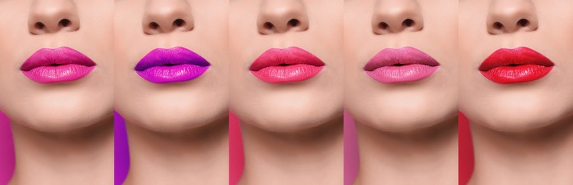 Image of Collage with photos of young woman with different lipsticks, closeup. Banner design