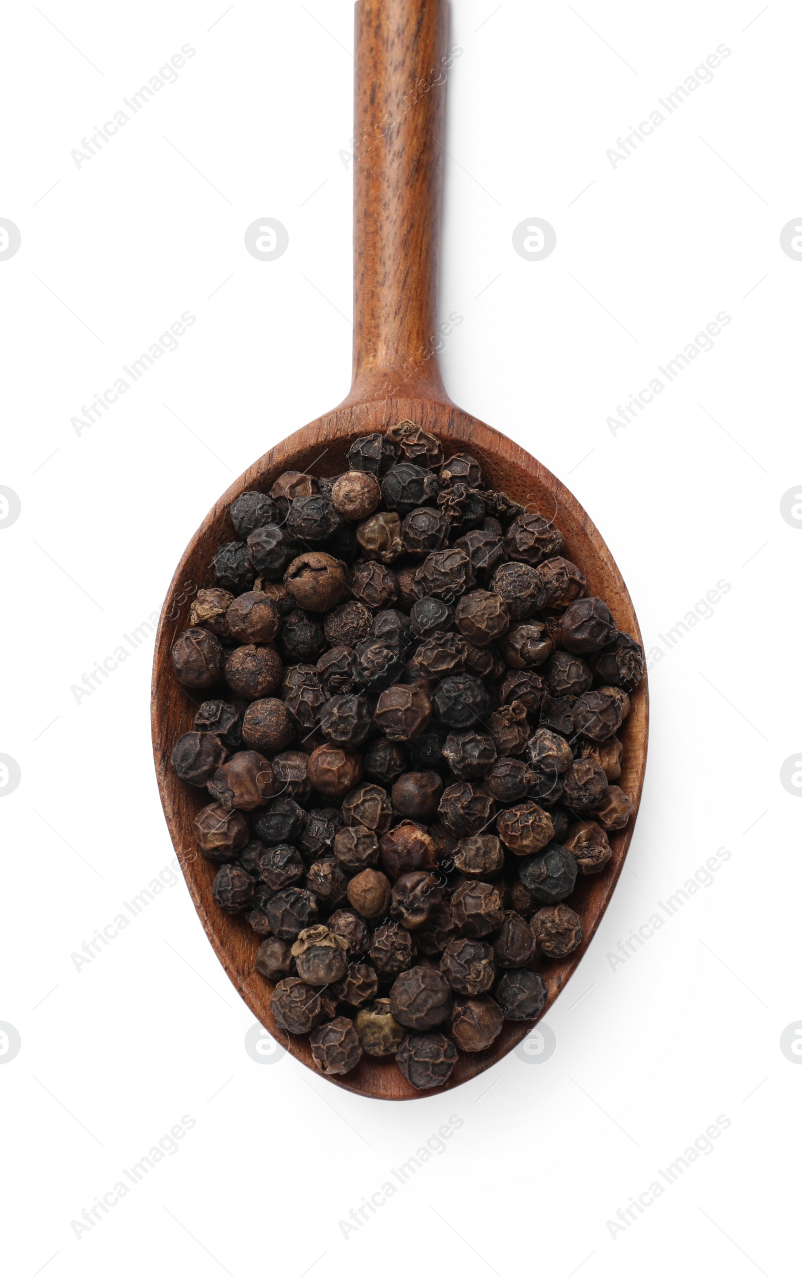 Photo of Aromatic spice. Many black peppercorns in spoon isolated on white, top view