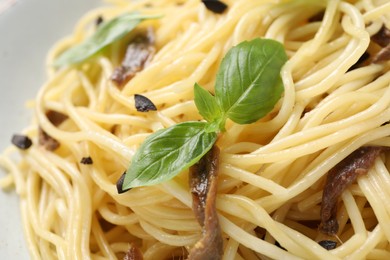 Photo of Delicious pasta with anchovies, olives and basil, closeup
