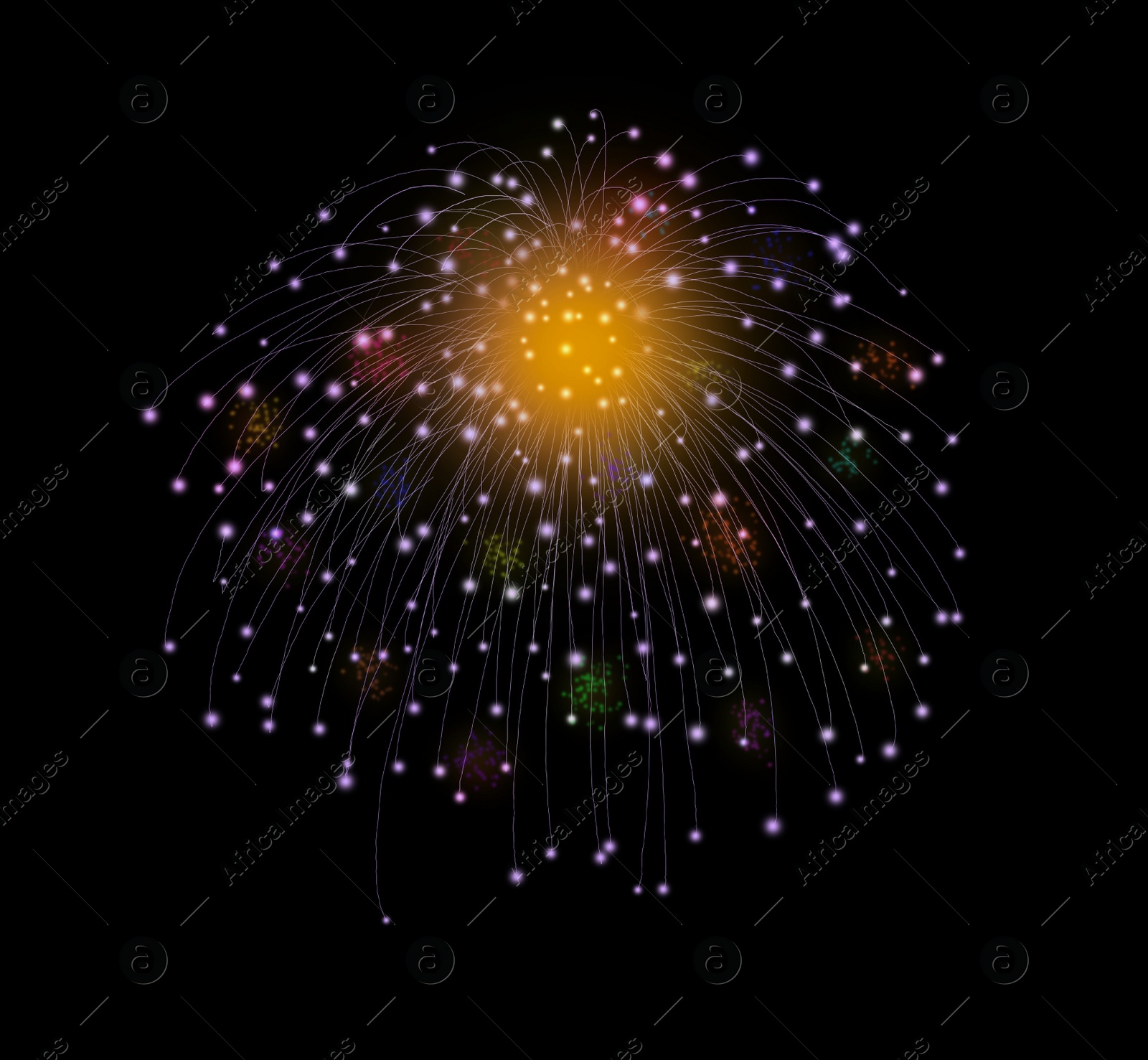 Image of Beautiful bright firework on black background, illustration