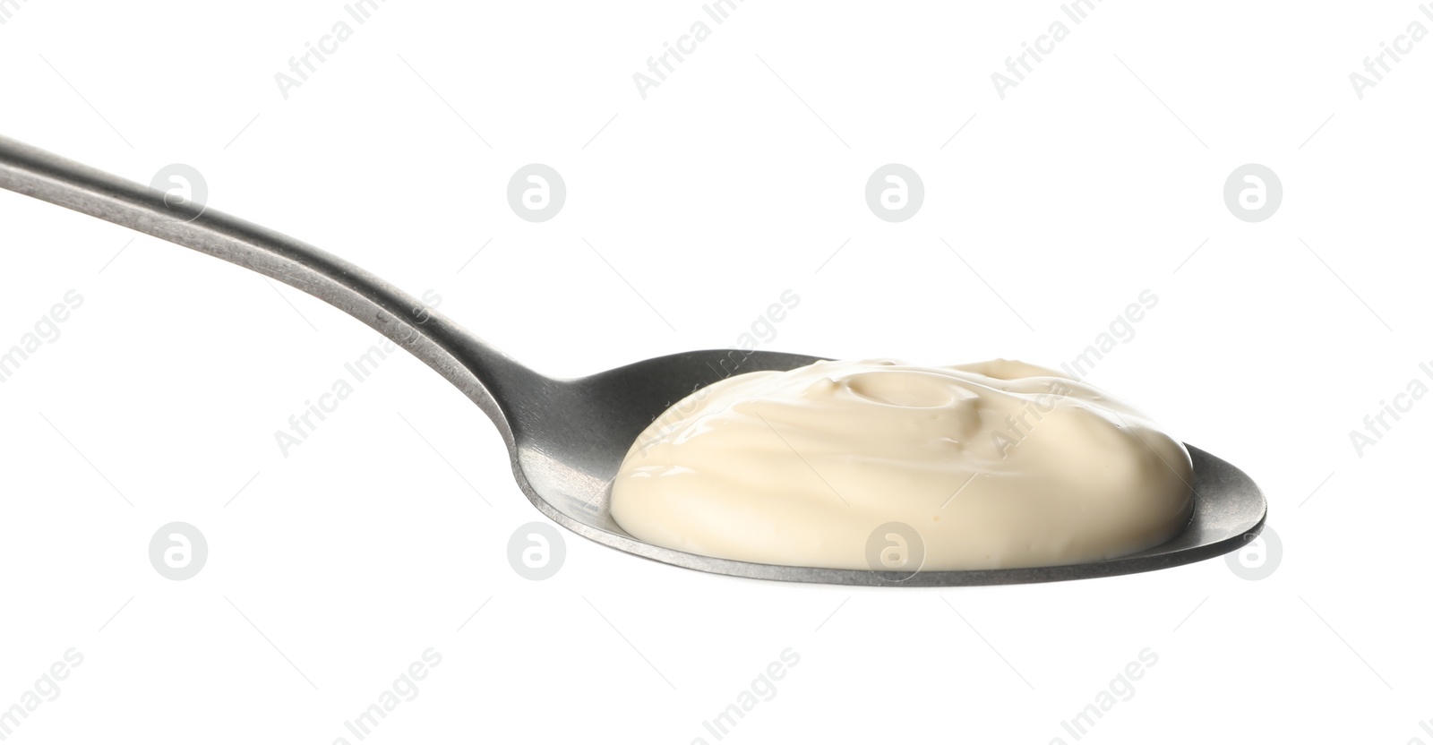 Photo of Spoon with tasty mayonnaise isolated on white