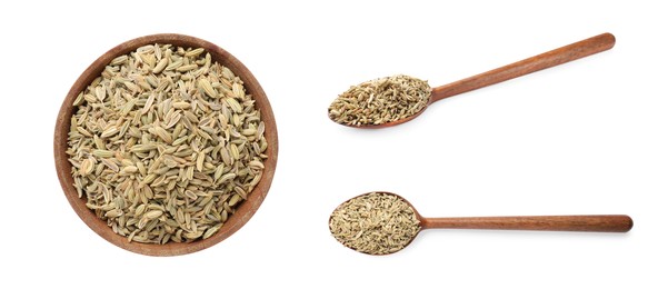 Image of Dry fennel seeds isolated on white, set