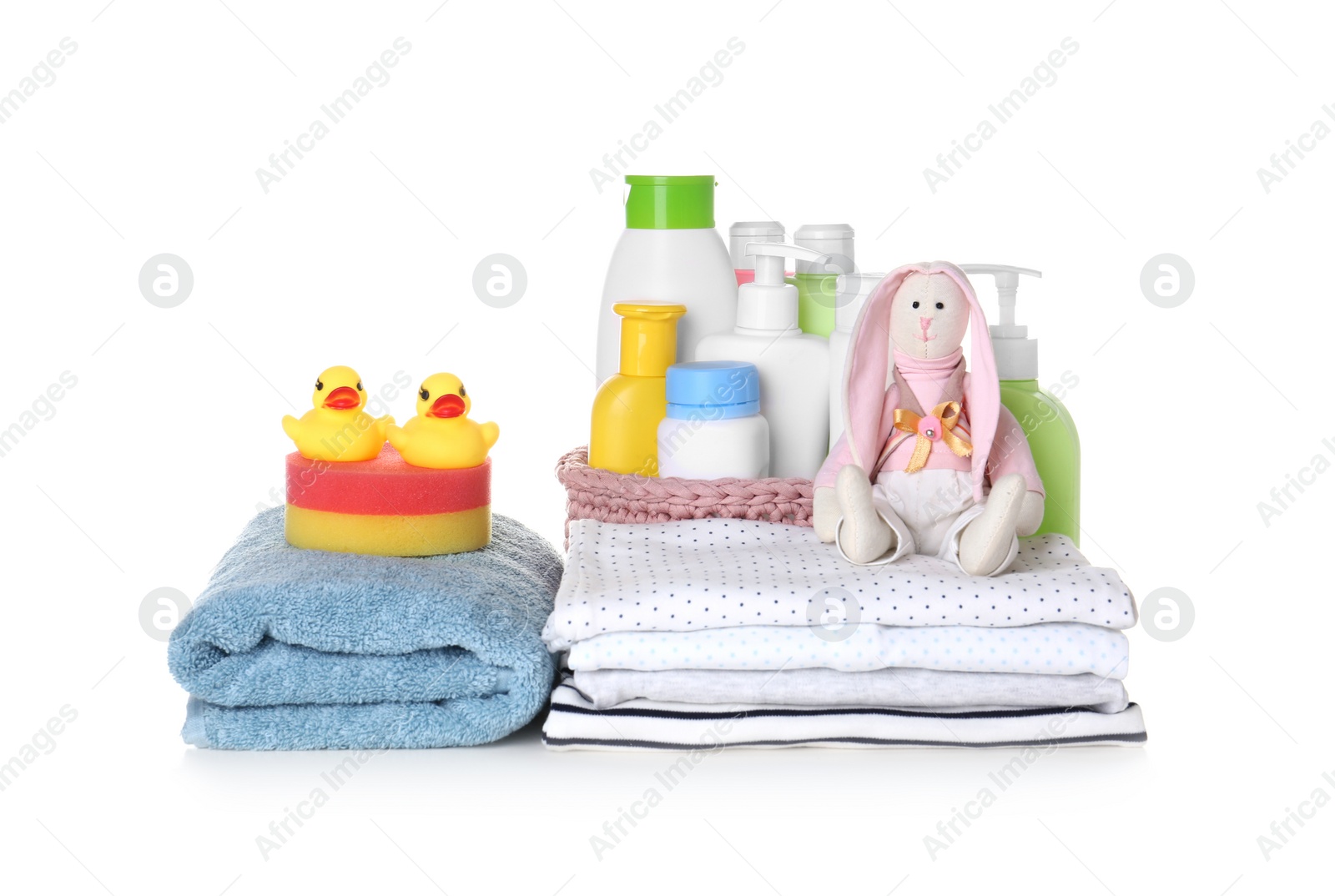 Photo of Set of baby accessories on white background