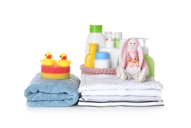 Photo of Set of baby accessories on white background