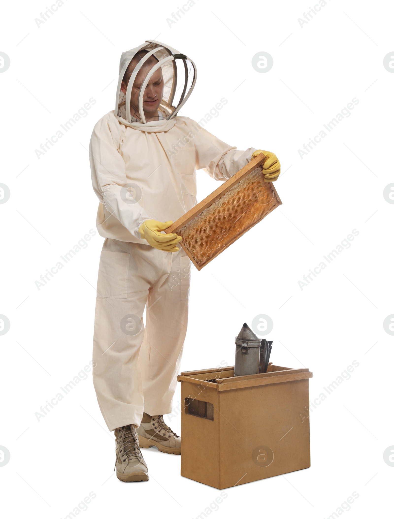 Photo of Beekeeper in uniform holding frame with honeycomb near wooden hive on white background