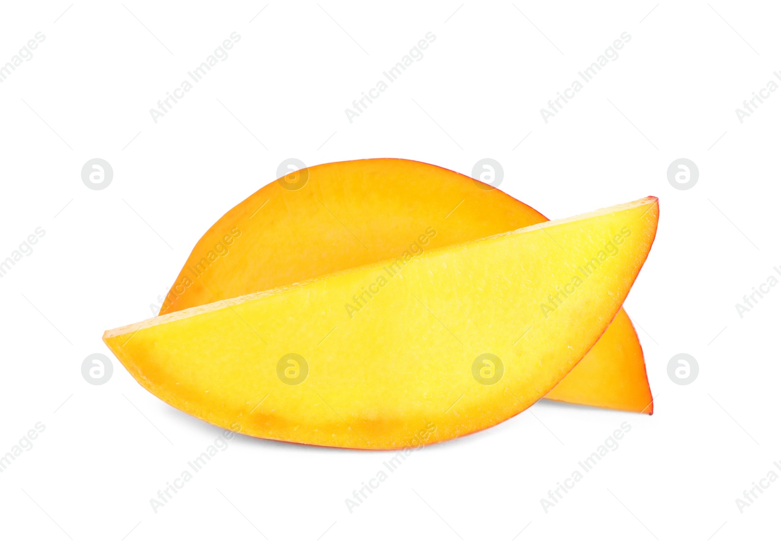 Photo of Juicy mango slices on white background. Tropical fruit