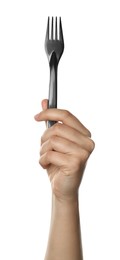 Photo of Woman holding plastic fork on white background, closeup