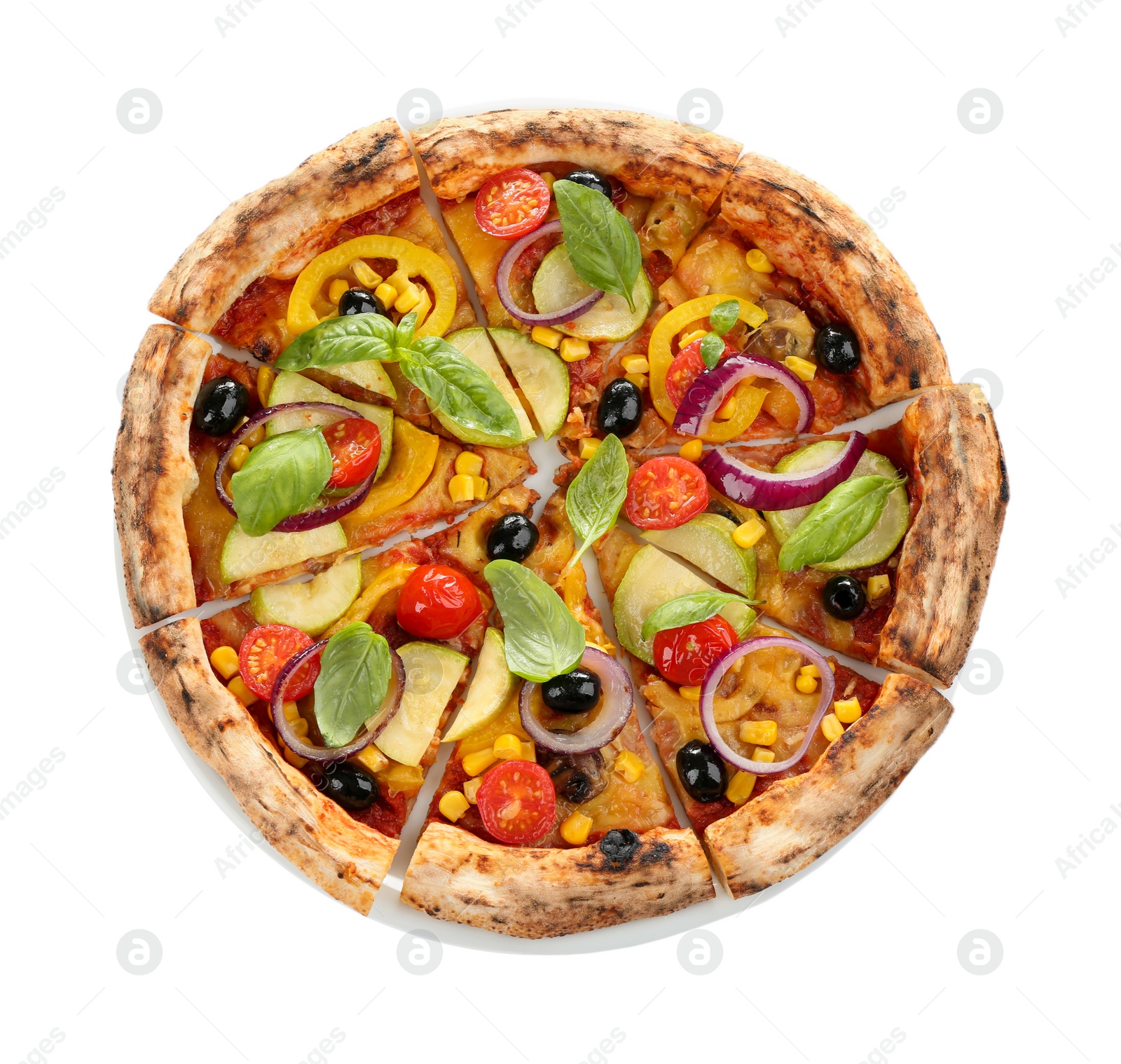 Photo of Tasty vegetable pizza isolated on white, top view