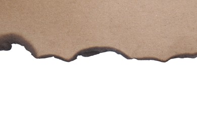 Piece of brown paper with dark burnt borders isolated on white, top view. Space for text