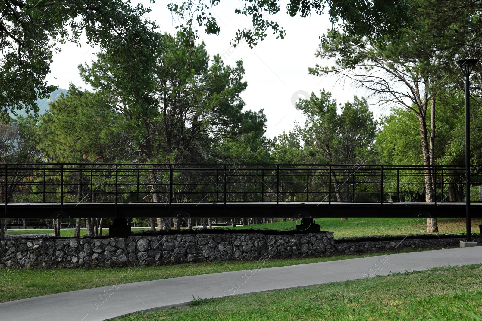 Photo of Picturesque view of bridge with metal railing and many trees in park