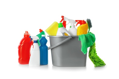 Photo of Plastic bucket and different cleaning supplies on white background