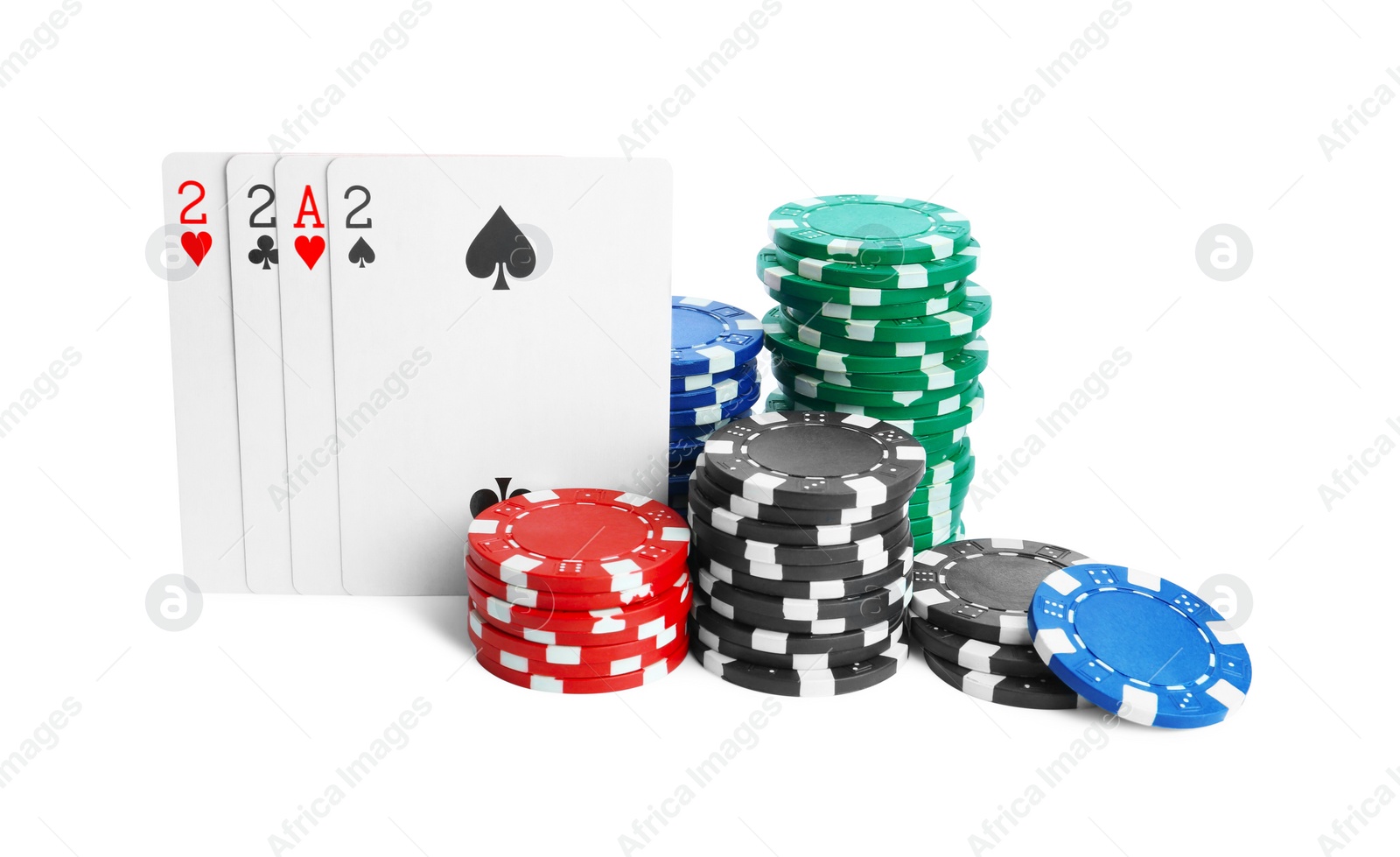 Photo of Playing cards and plastic casino chips on white background. Poker game