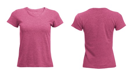 Image of Front and back views of pink women's t-shirt on white background. Mockup for design