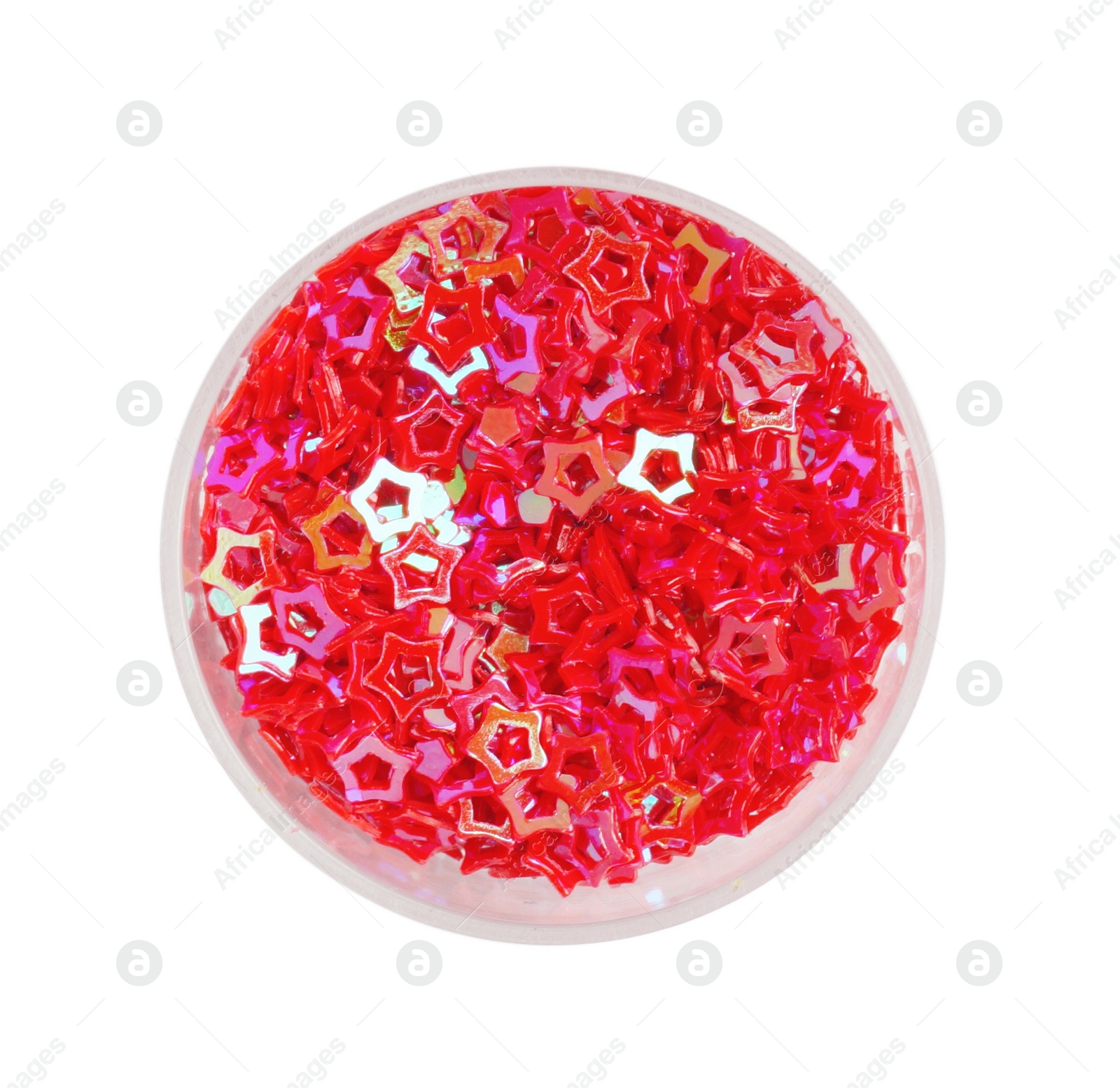 Photo of Red sequins in shape of stars on white background, top view