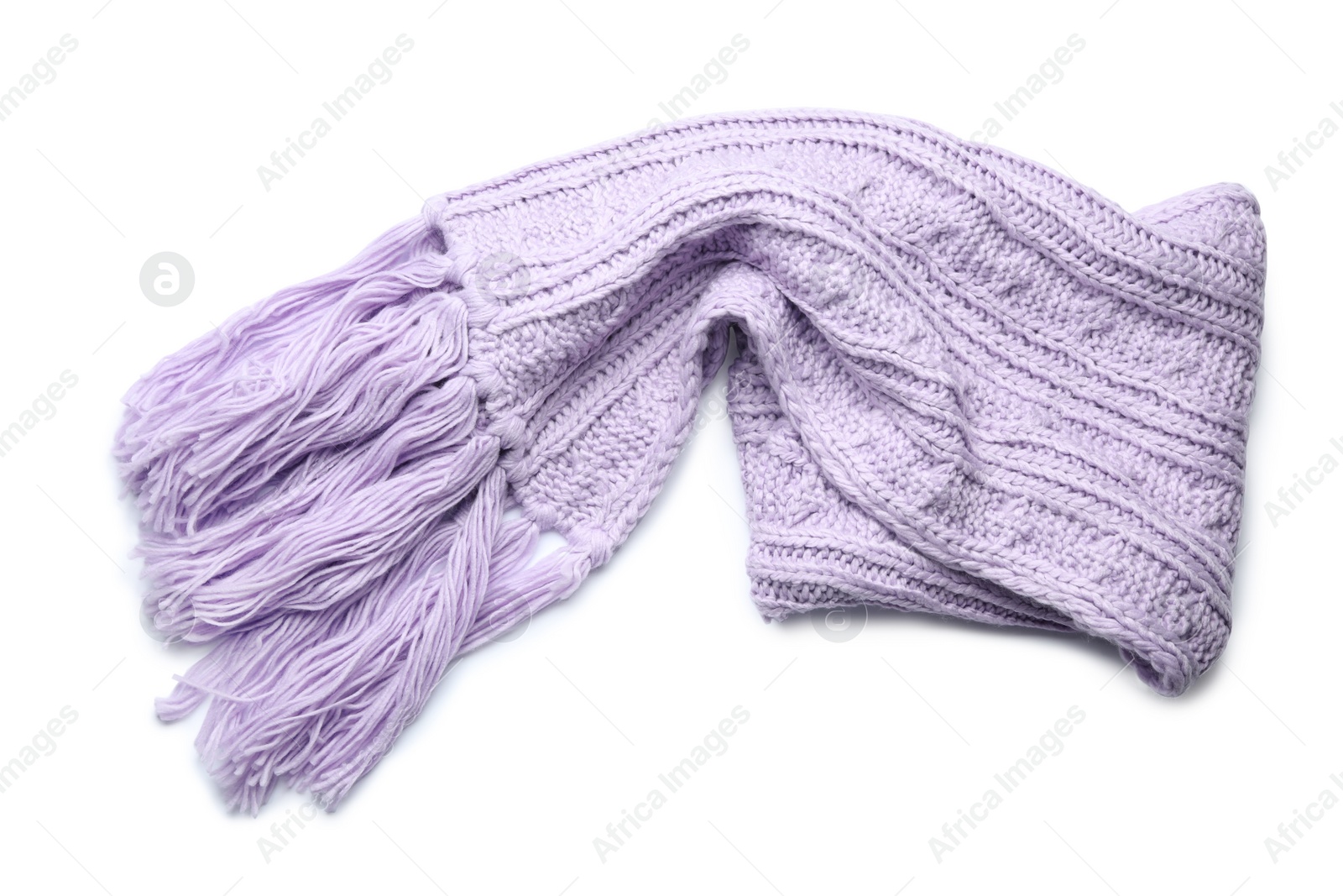 Photo of Violet knitted scarf isolated on white, top view