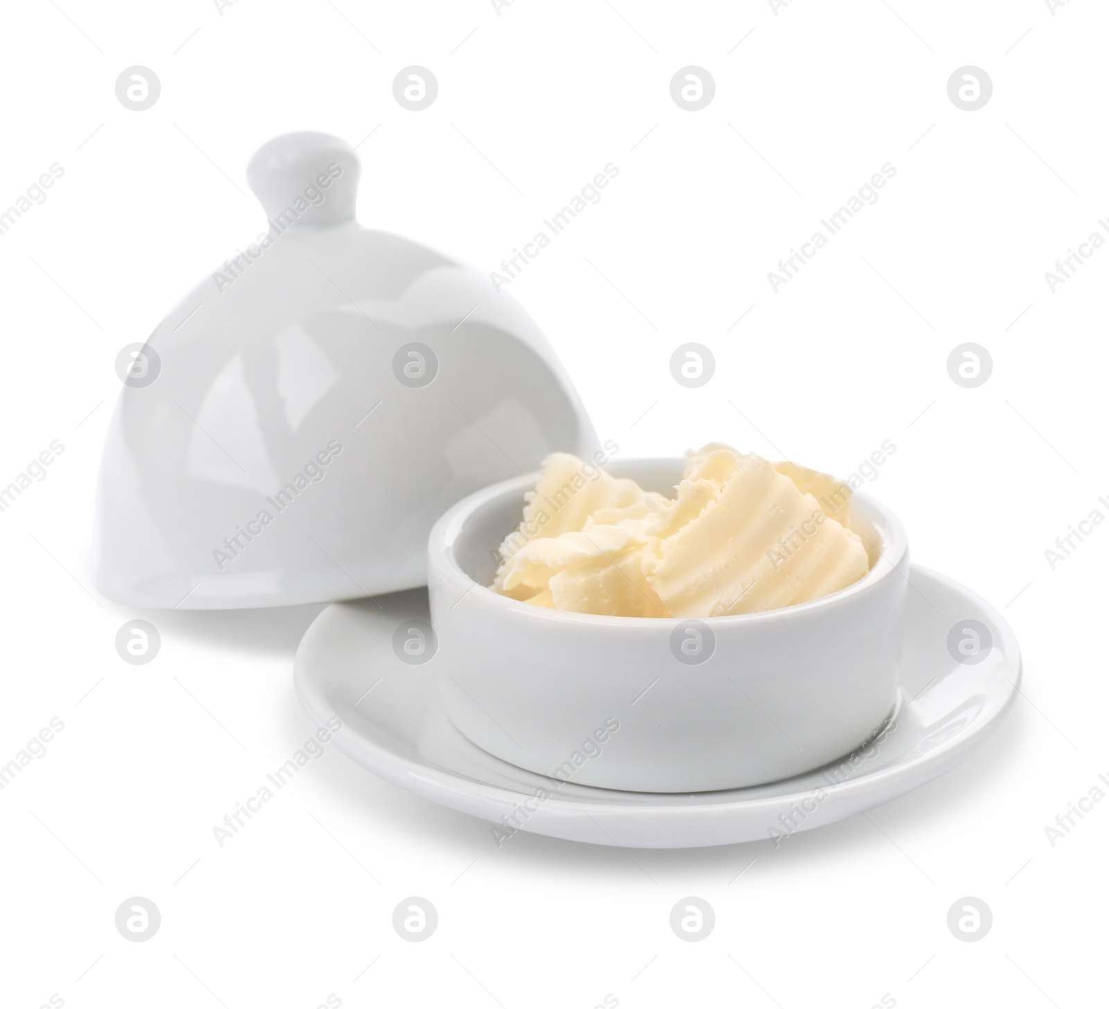 Photo of Dish with tasty fresh butter on white background