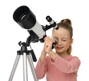 Photo of Cute little girl looking at stars through telescope on white background