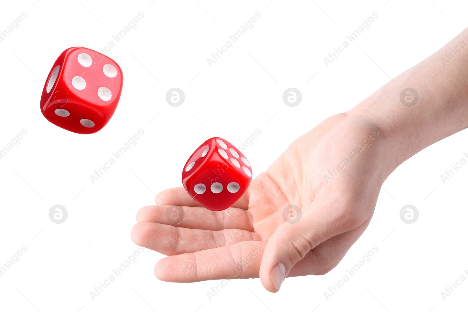 Image of Man throwing red dice on white background, closeup