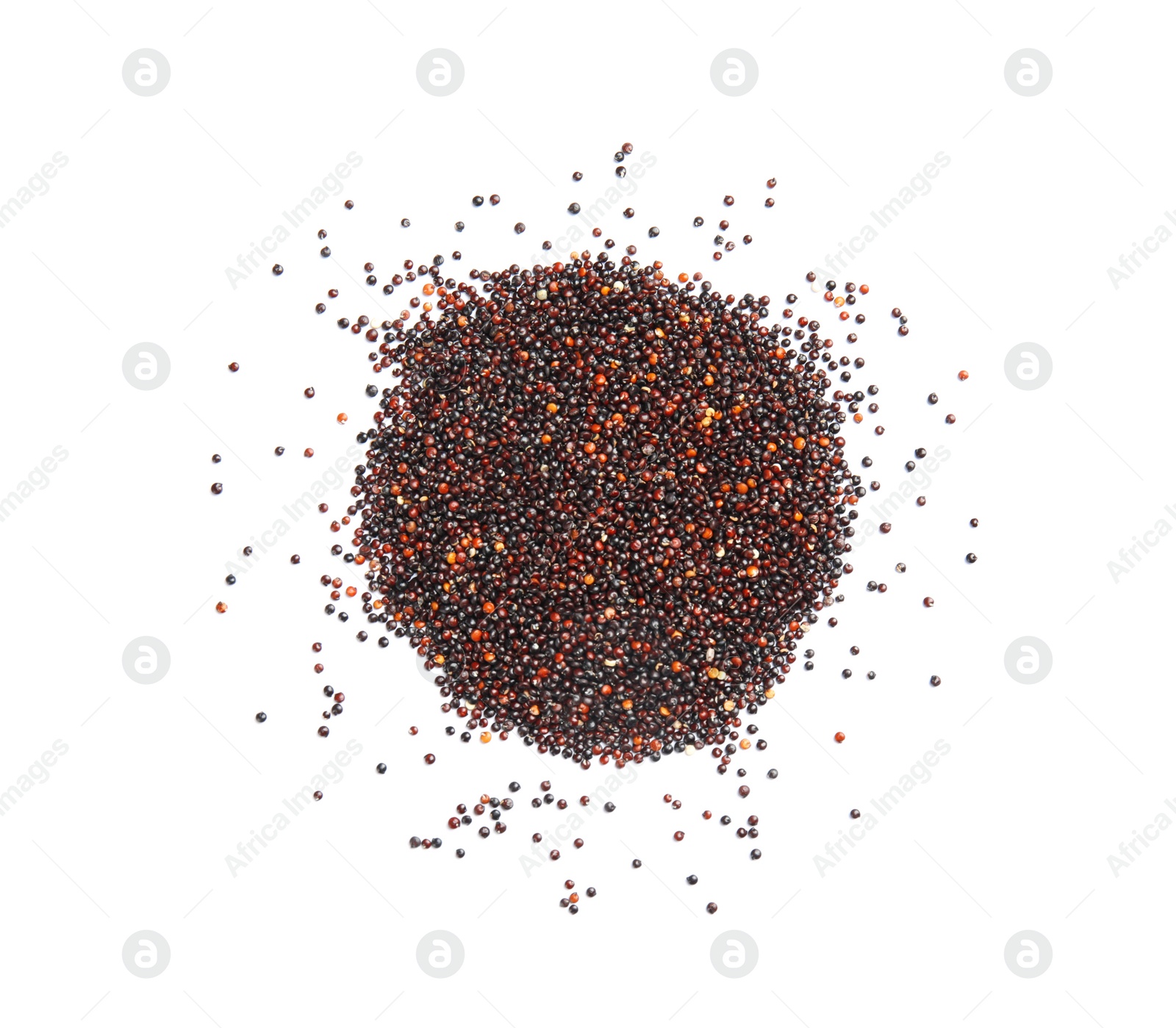 Photo of Pile of black quinoa on white background, top view