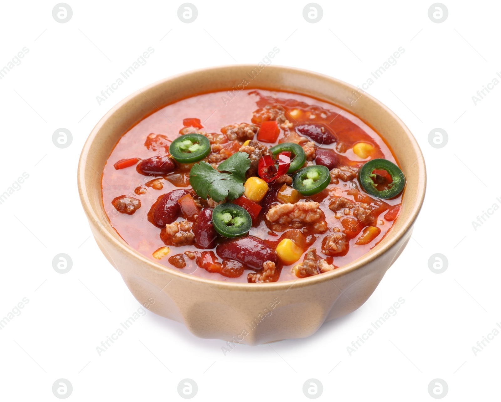 Photo of Bowl with tasty chili con carne on white background