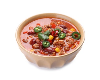 Photo of Bowl with tasty chili con carne on white background