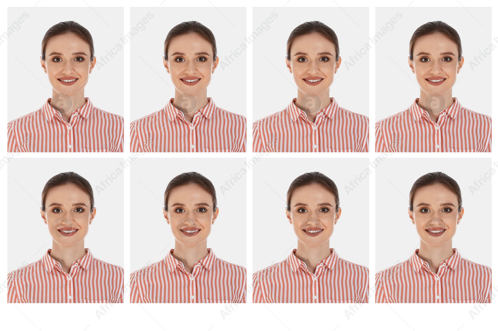 Image of Passport photo, collage. Woman on white background, set of photos