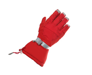 Photo of Woman wearing red ski glove on white background, closeup. Winter sports clothes