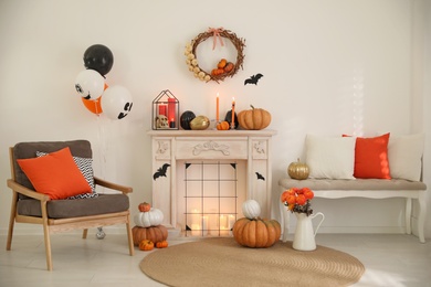 Photo of Modern room decorated for Halloween. Idea for festive interior