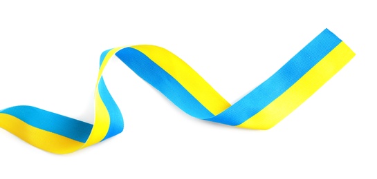 Photo of Ribbon with colors of national Ukrainian flag isolated on white