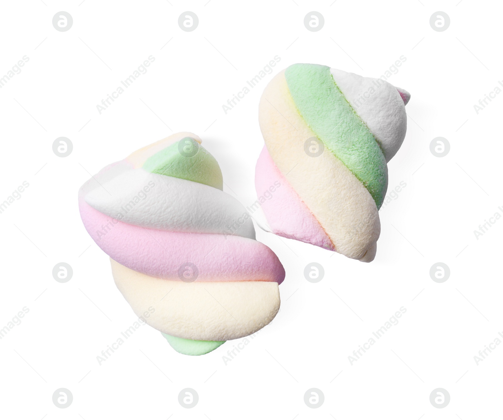 Photo of Delicious colorful marshmallows on white background, top view