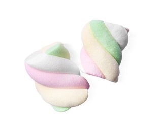 Photo of Delicious colorful marshmallows on white background, top view