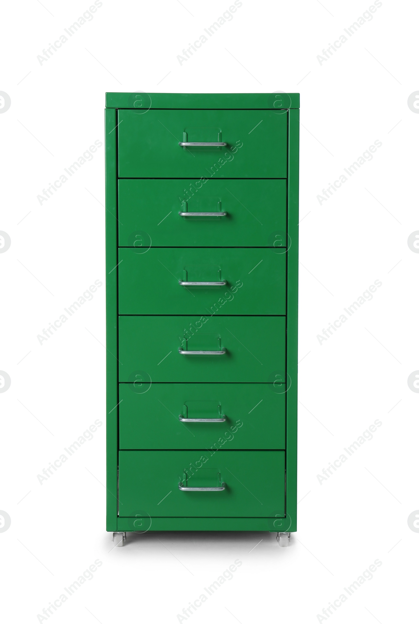 Photo of Green chest of drawers on white background. Furniture for wardrobe room