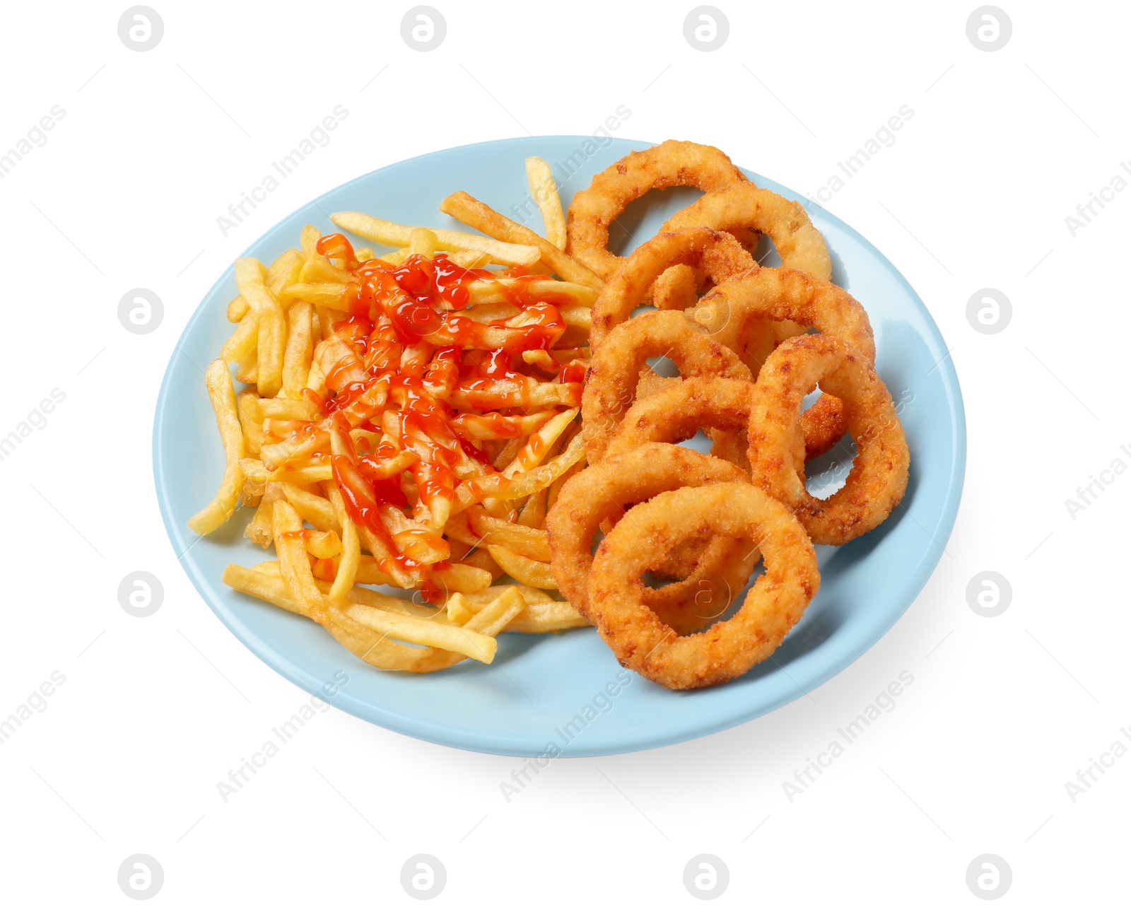 Photo of Tasty fried onion rings and french fries with ketchup isolated on white