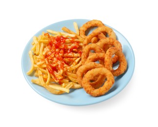 Photo of Tasty fried onion rings and french fries with ketchup isolated on white
