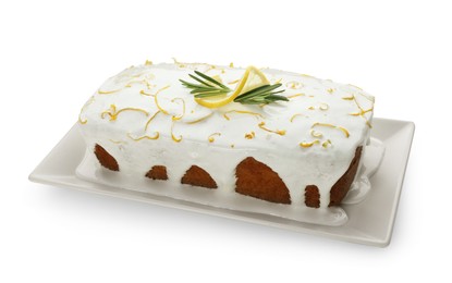 Photo of Tasty lemon cake with glaze isolated on white