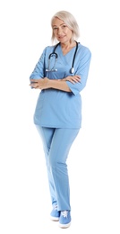 Photo of Full length portrait of female doctor in scrubs isolated on white. Medical staff