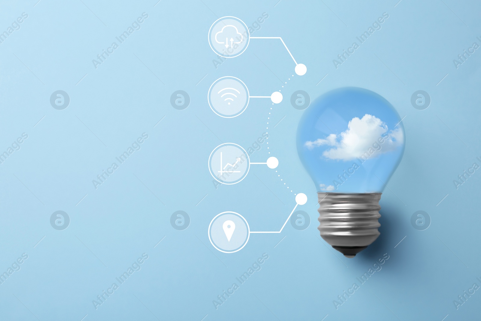 Image of Cloud technology concept. Light bulb with sky and different icons