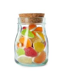 Photo of Delicious gummy fruit shaped candies in jar isolated on white
